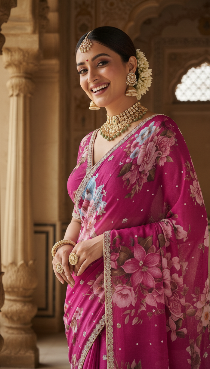 Pure Chinon Crepe Maroon Silk Saree