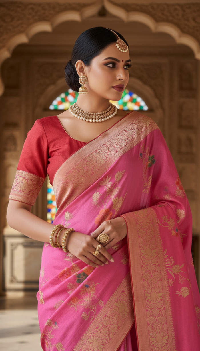 Moonga Crape Saree Pink Meenakari Floral Patterns