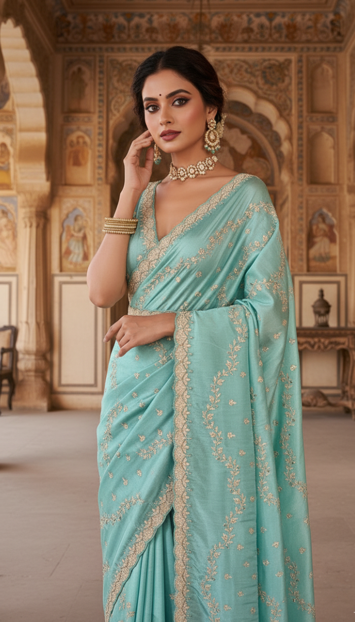 Sea Green Banarasi Zari Tissue Silk Saree