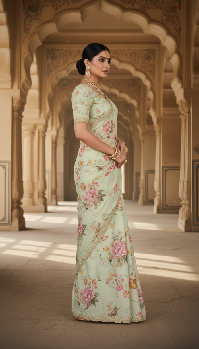 Pure Cream Chinnon Crepe Saree