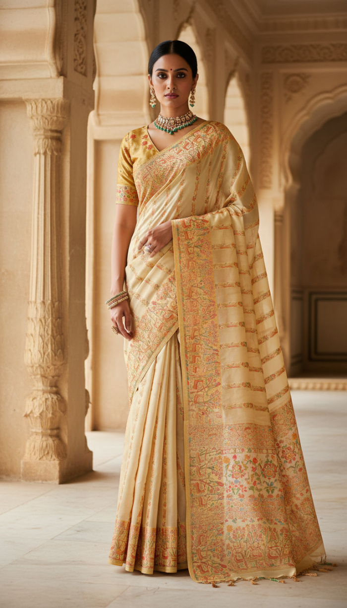 Pure Satin Organza Golden Cream Silk Saree