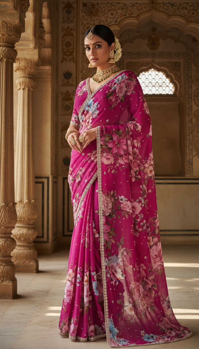 Pure Chinon Crepe Maroon Silk Saree