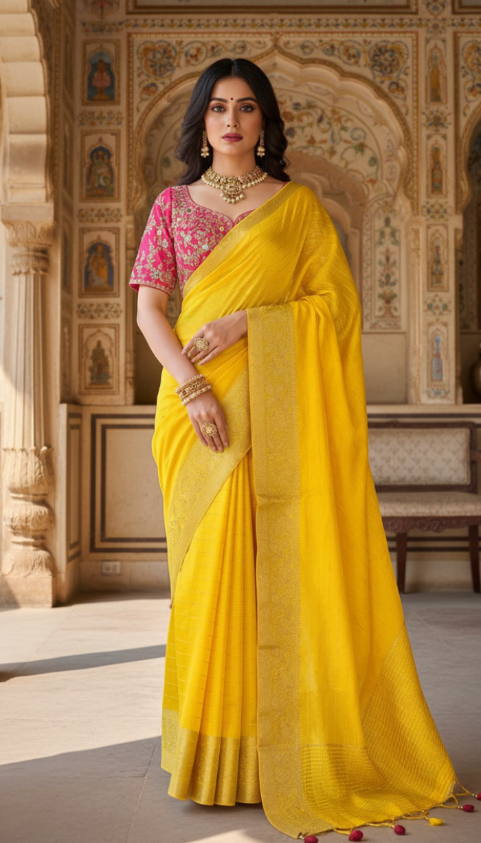 Moonga Tussar Crape Yellow Saree