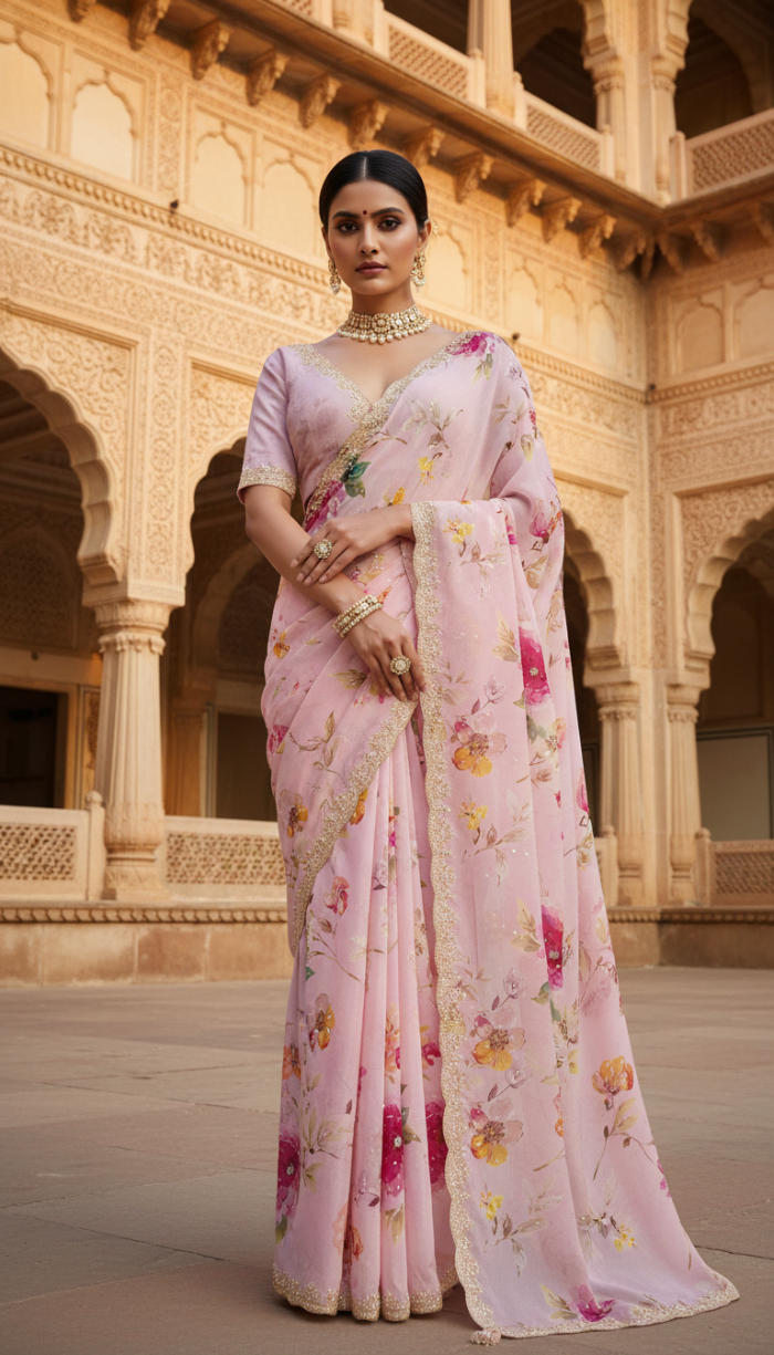 Pure Pink Chinnon Crepe Saree