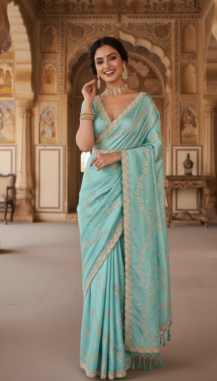 Sea Green Banarasi Zari Tissue Silk Saree