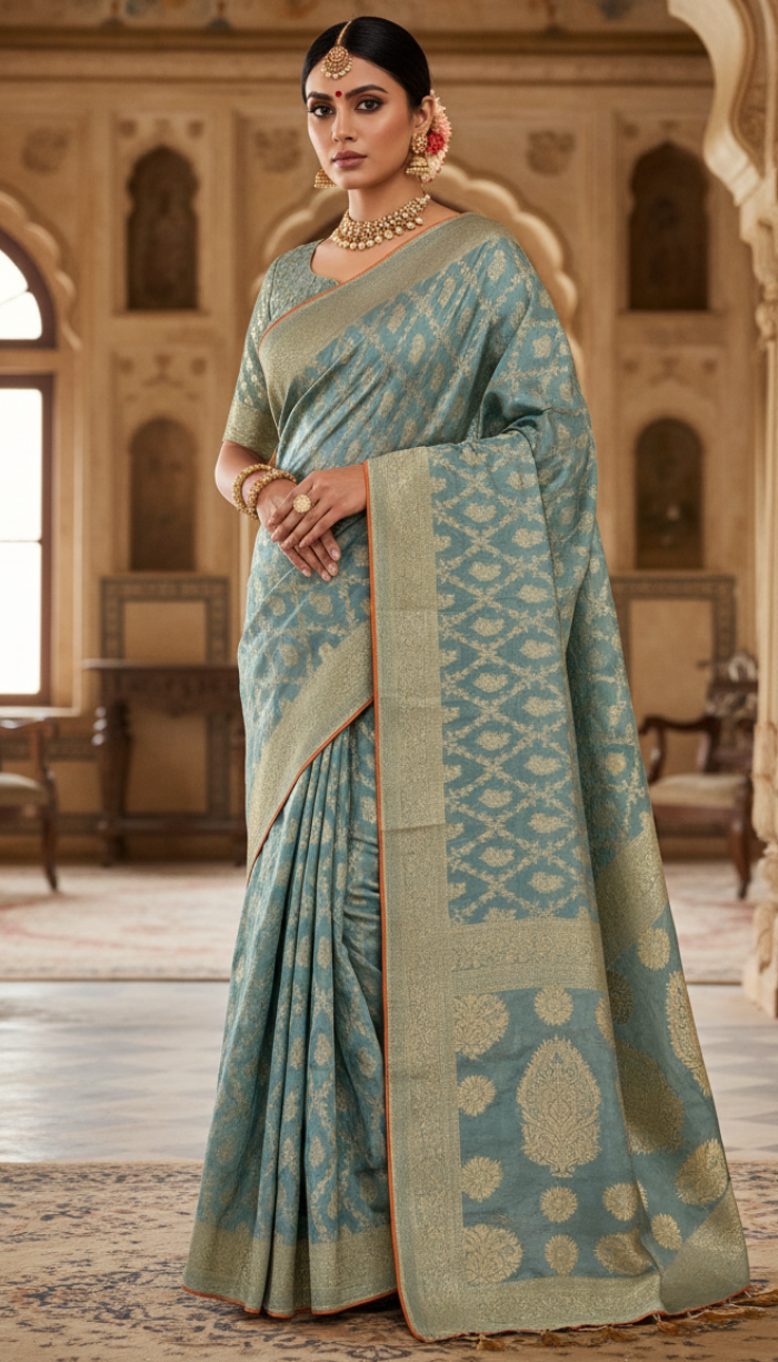 Moonga Crape Sky Blue Saree