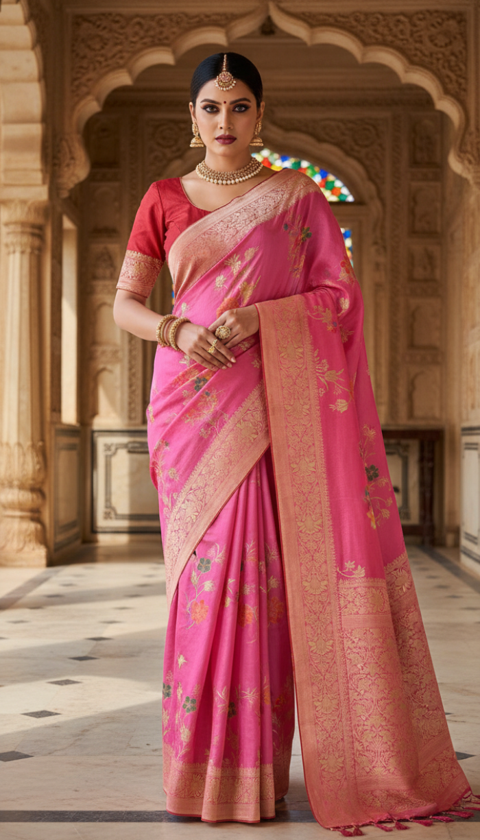 Moonga Crape Saree Pink Meenakari Floral Patterns