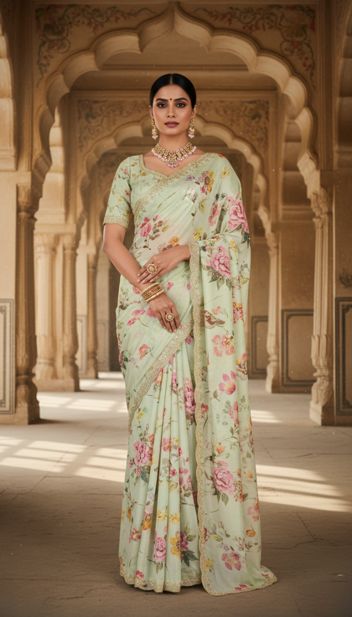 Pure Cream Chinnon Crepe Saree