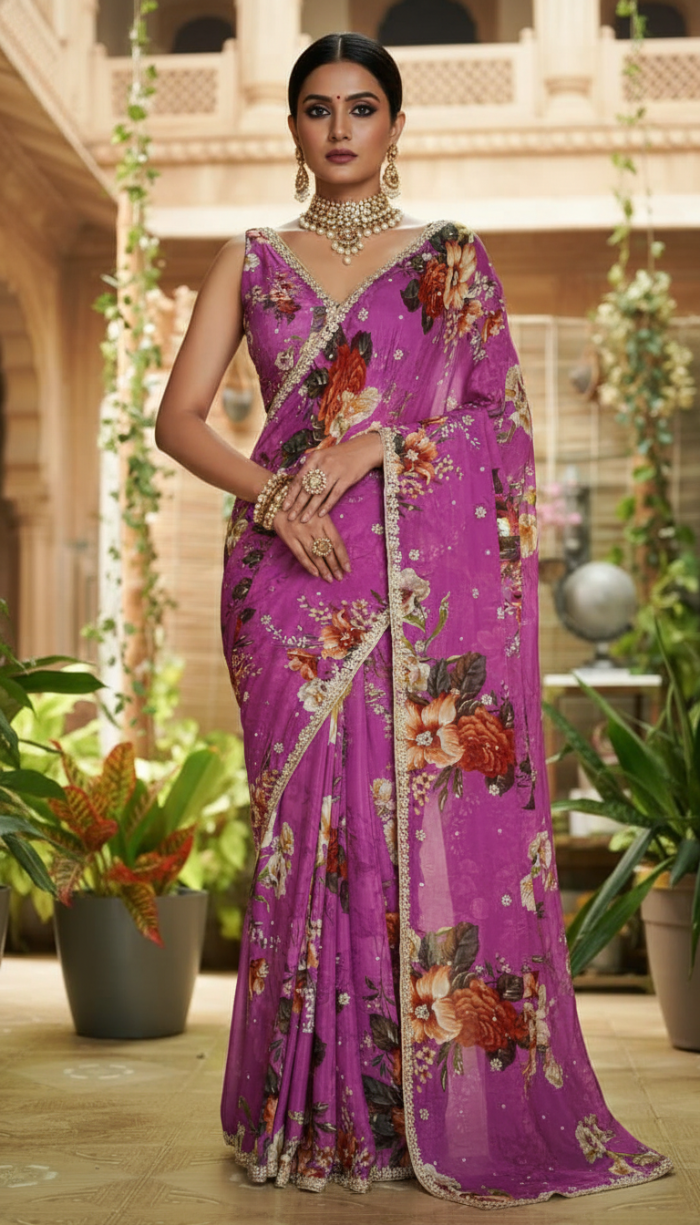Pure Chinon Crepe Purple Silk saree