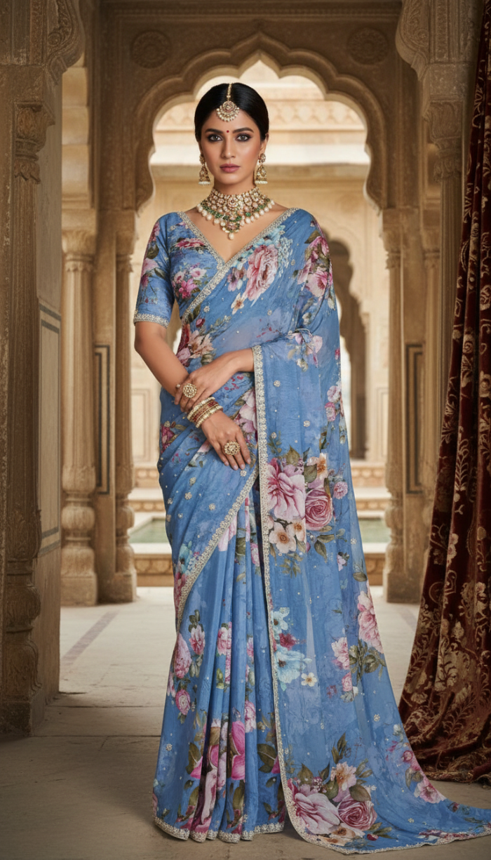 Pure Chinon Crepe Blue Silk Saree