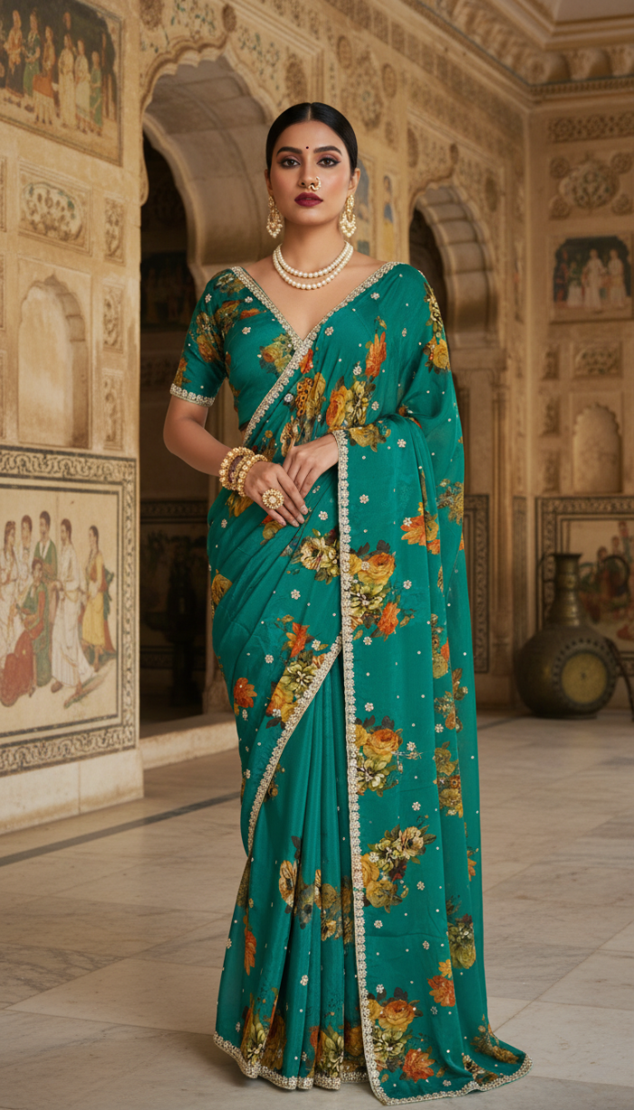 Pure Chinon Crepe Green Silk Saree