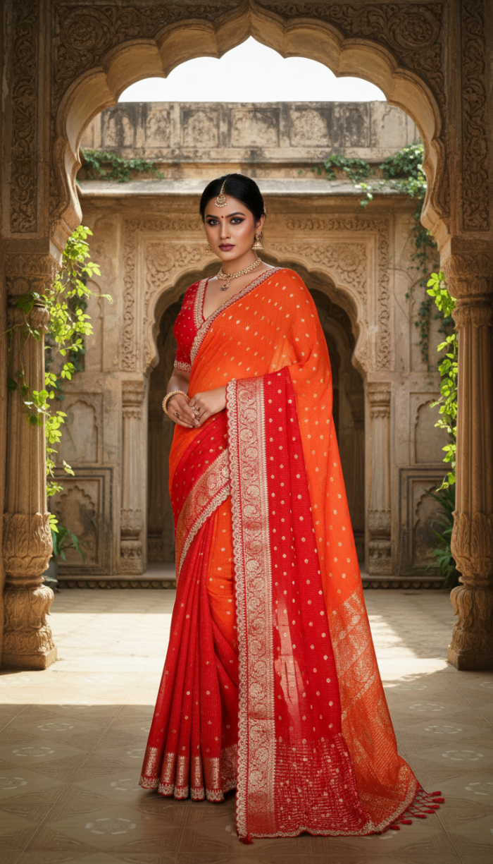 Pure Red Chinon Silk Saree