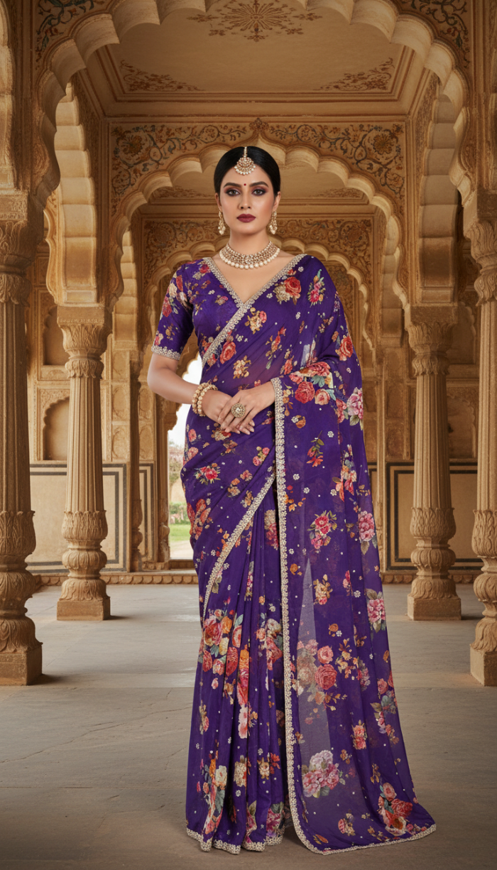Pure Chinon Crepe Lavender Silk Saree