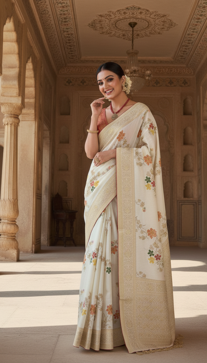 Moonga Crape Saree Silver Meenakari Floral Patterns