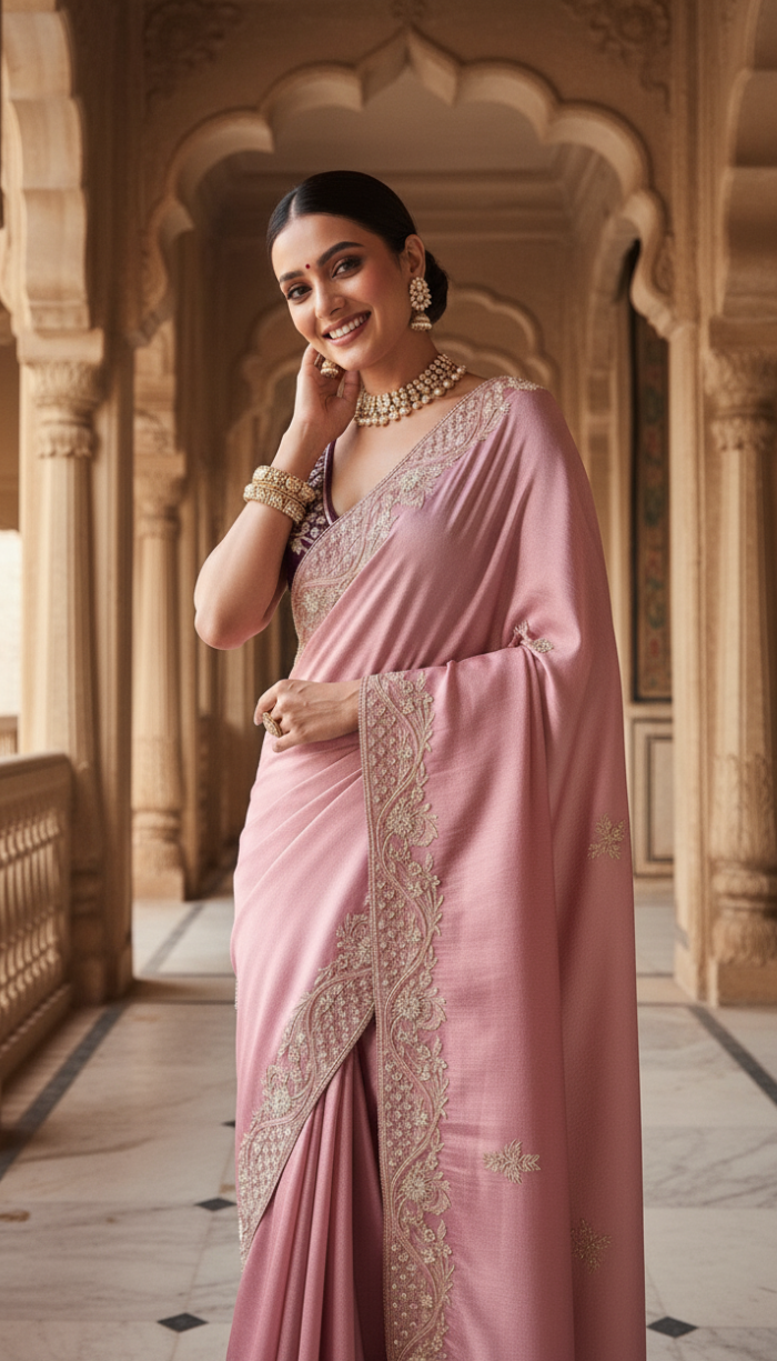 Rose Gold Premium Banarasi Zari Tissue Silk Sari