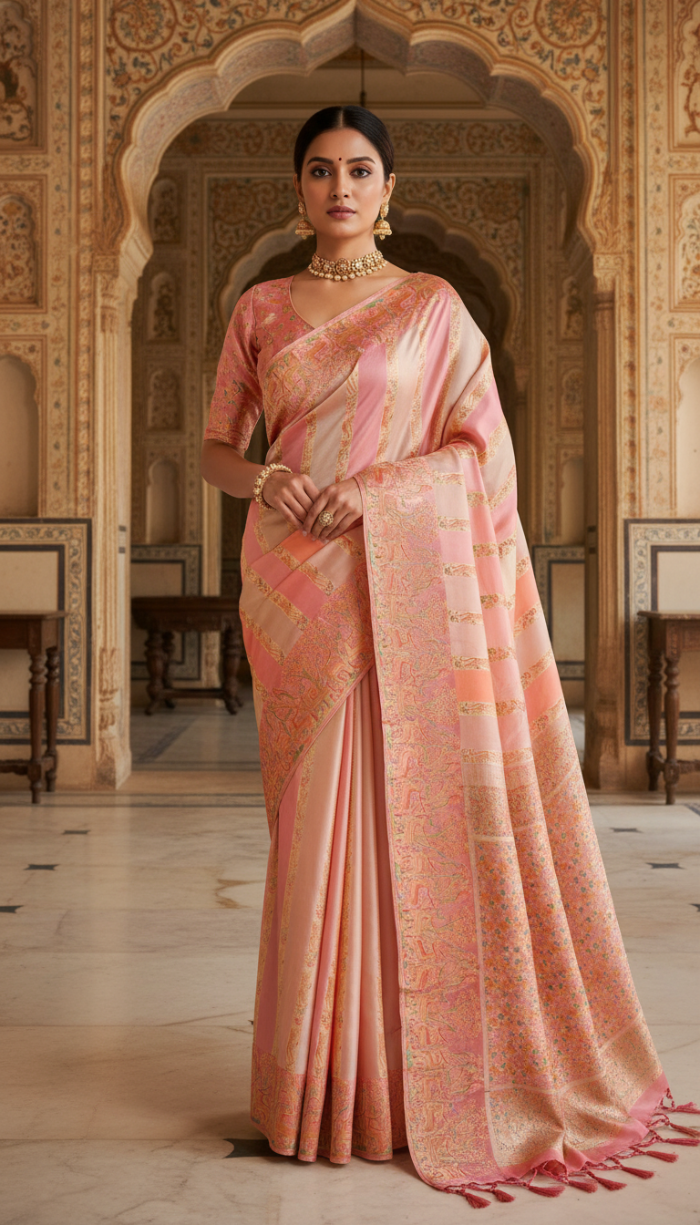 Pure Satin Organza Peach Silk Saree