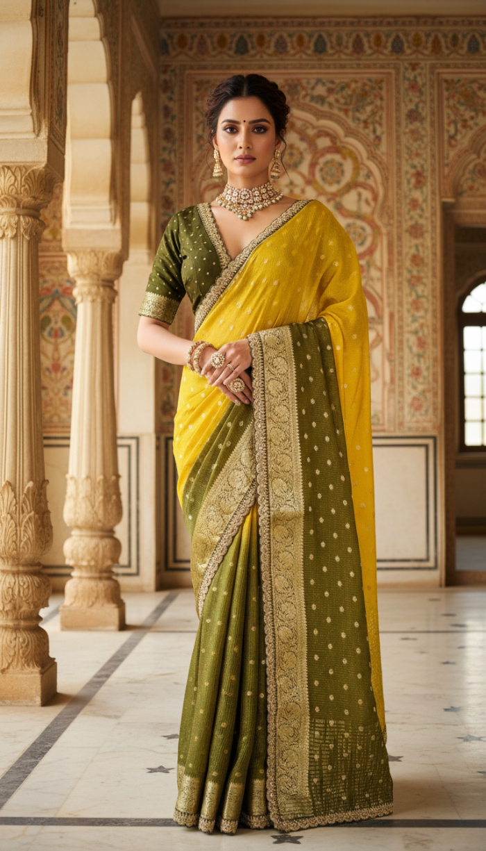 Pure Yellow Chinon Silk Saree