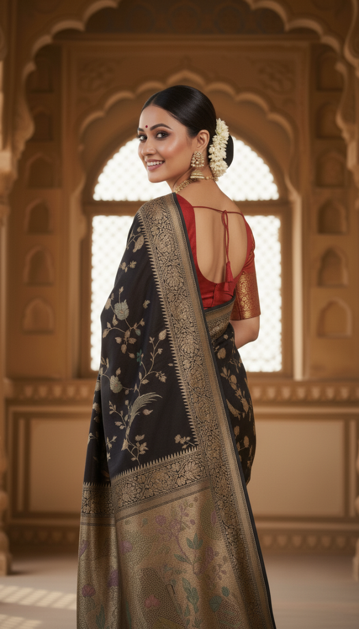 Pure Mashru Black Silk Saree