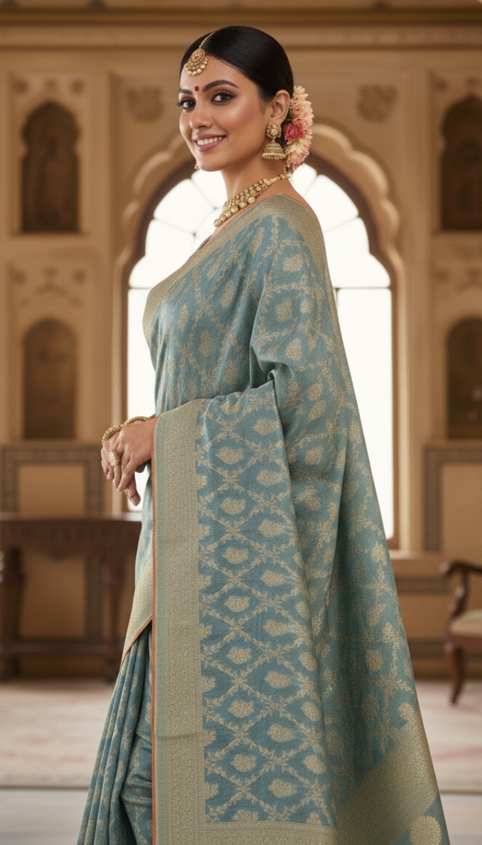 Moonga Crape Sky Blue Saree