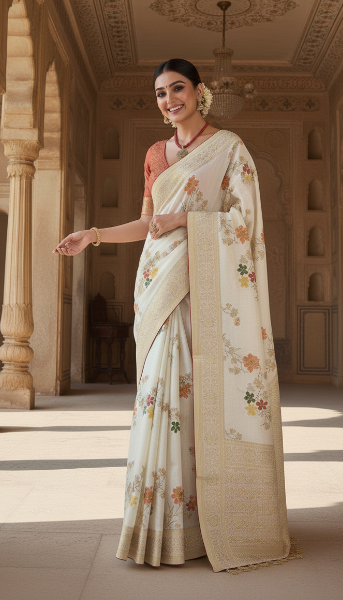 Moonga Crape Saree Silver Meenakari Floral Patterns