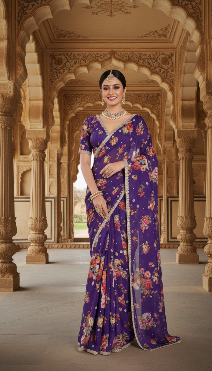 Pure Chinon Crepe Lavender Silk Saree