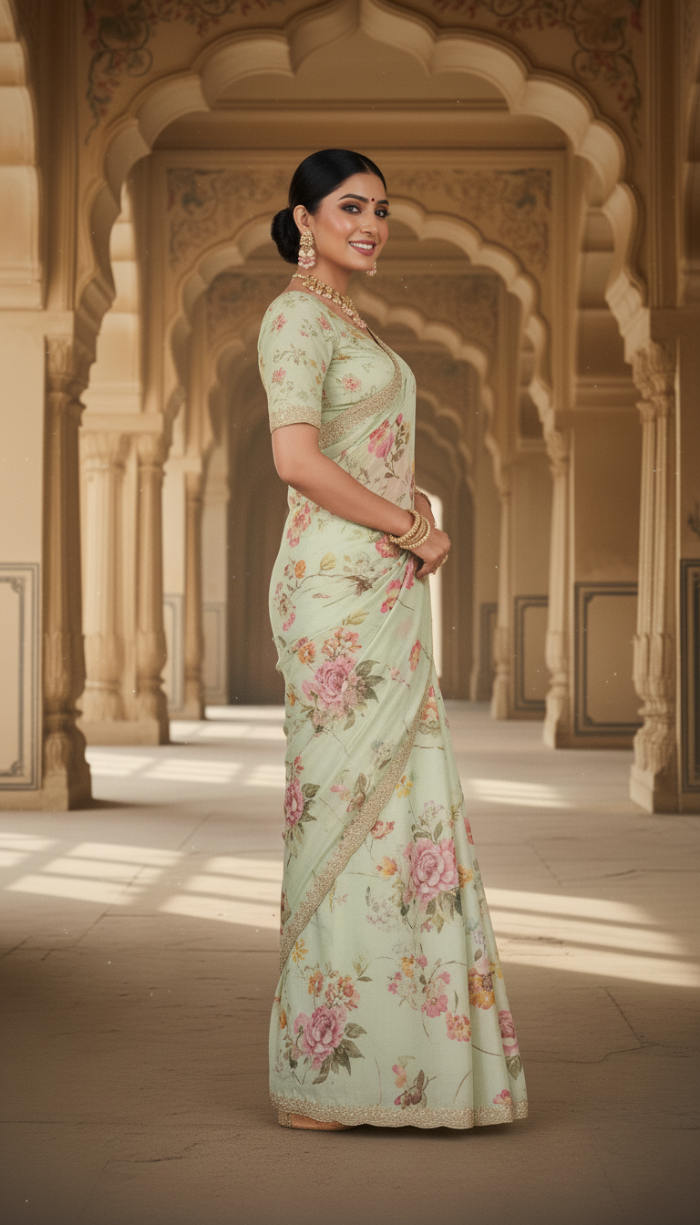 Pure Cream Chinnon Crepe Saree
