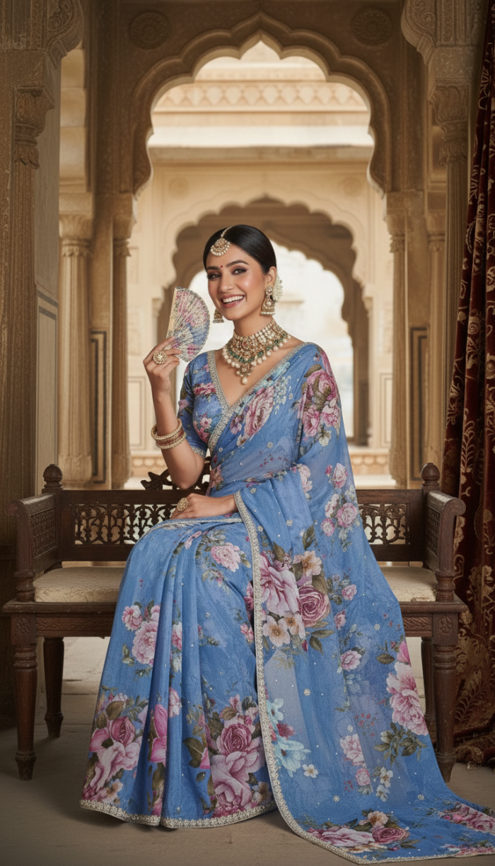 Pure Chinon Crepe Blue Silk Saree