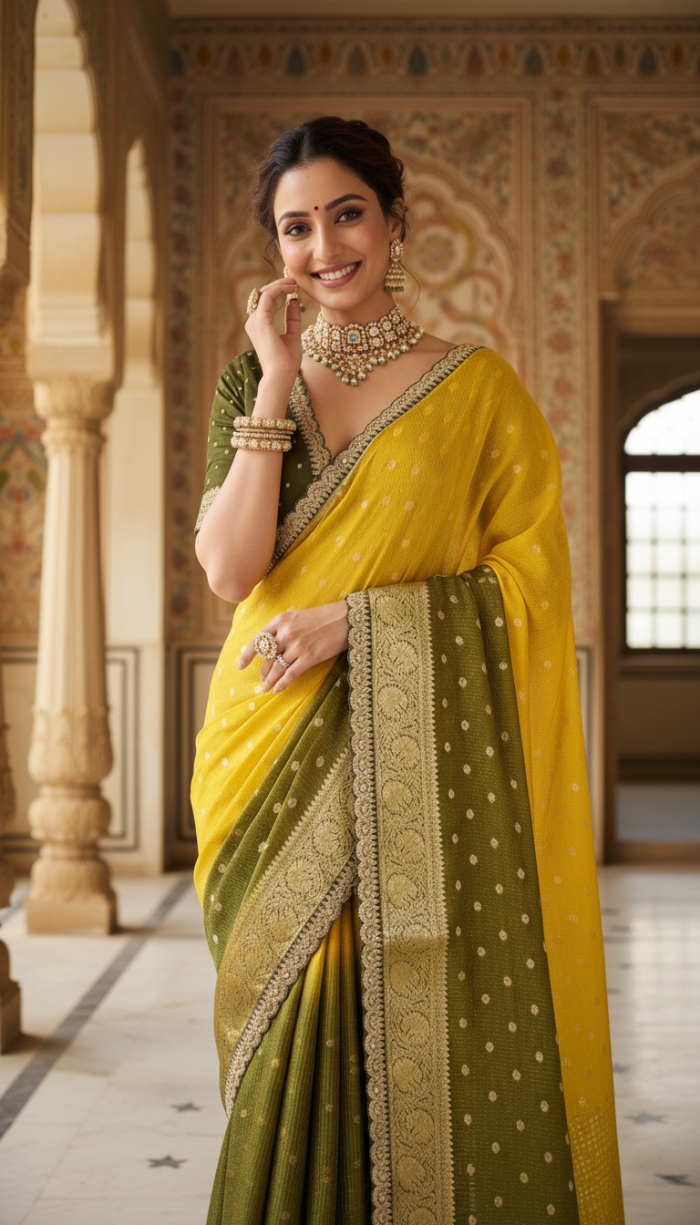 Pure Yellow Chinon Silk Saree