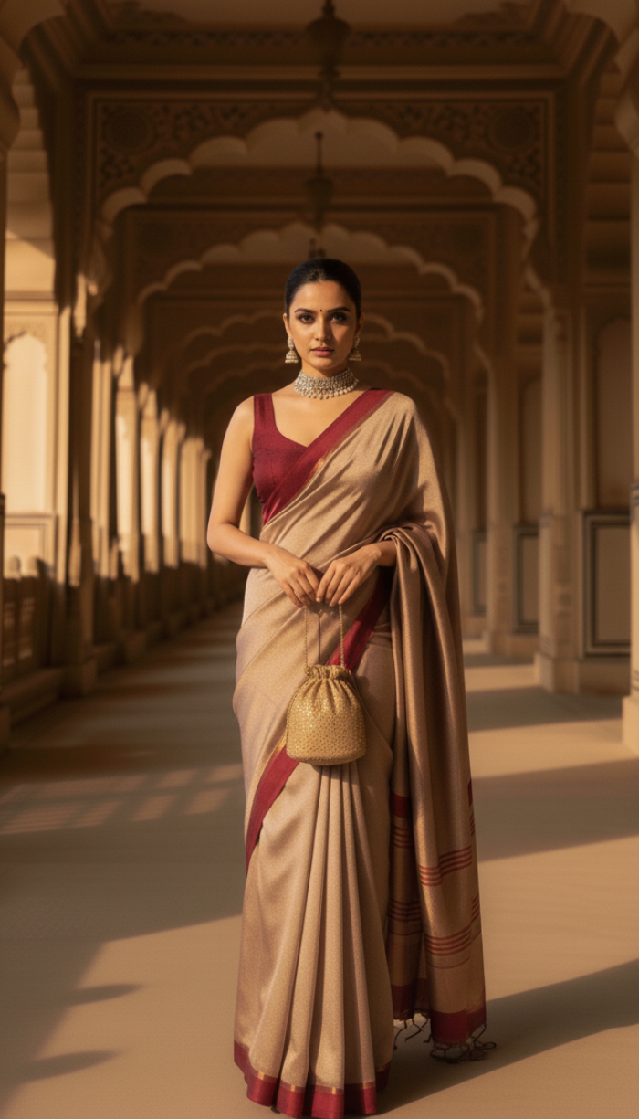 Banarsi Handloom Pure Tissue Silk Satin Maroon Border Saree