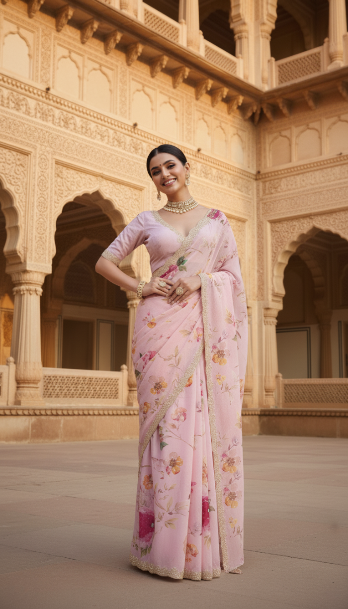Pure Pink Chinnon Crepe Saree