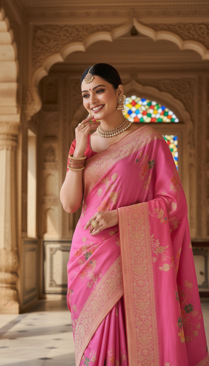 Moonga Crape Saree Pink Meenakari Floral Patterns