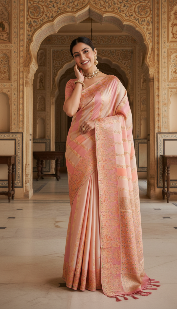 Pure Satin Organza Peach Silk Saree