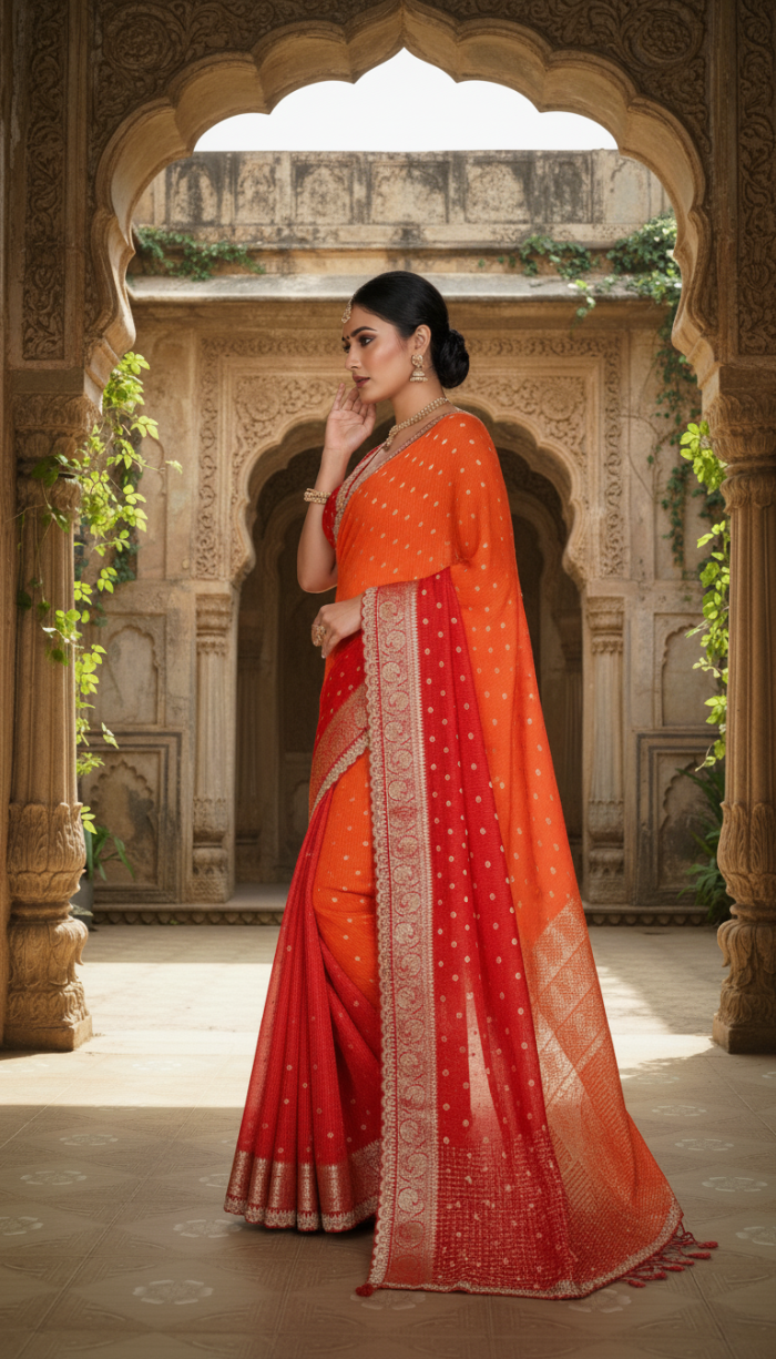 Pure Red Chinon Silk Saree