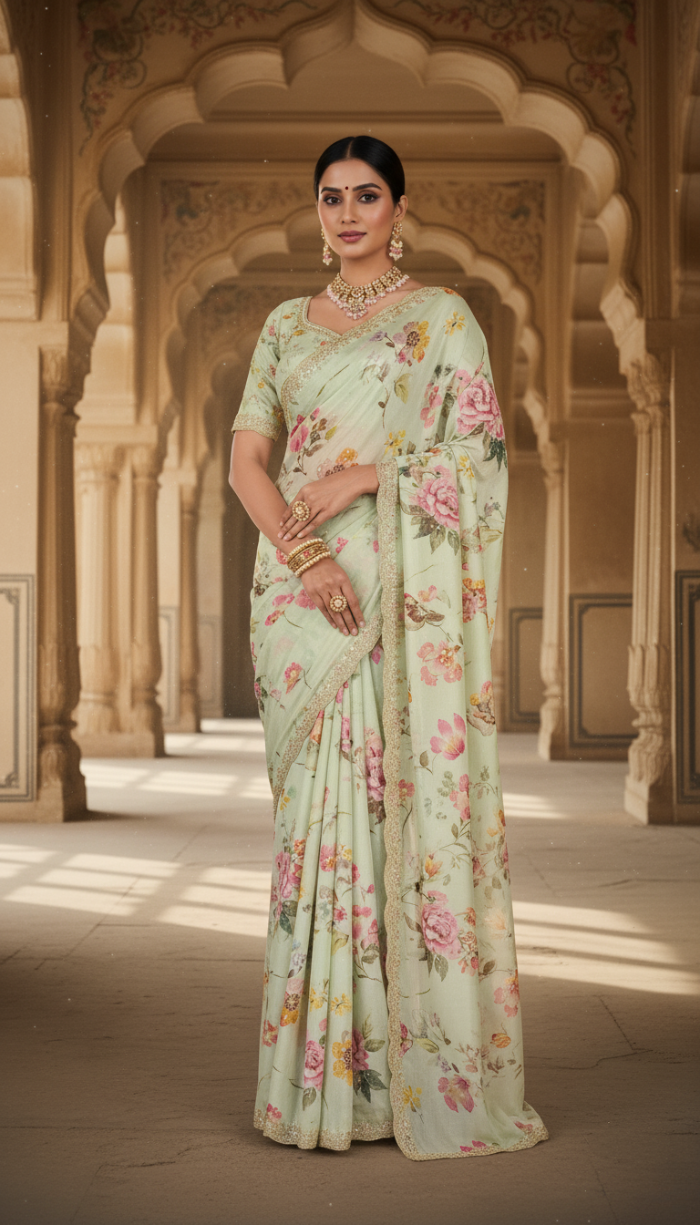 Pure Cream Chinnon Crepe Saree
