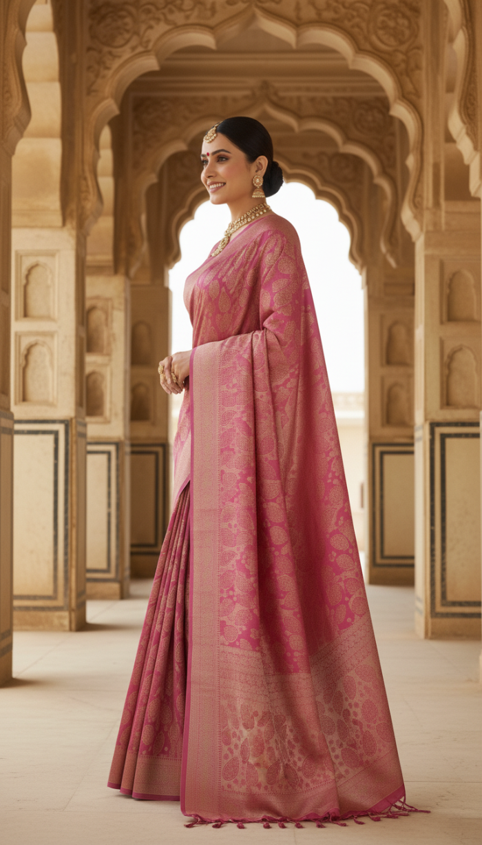 Pure Tissue Silk Saree Blush Pink with Golden Shine