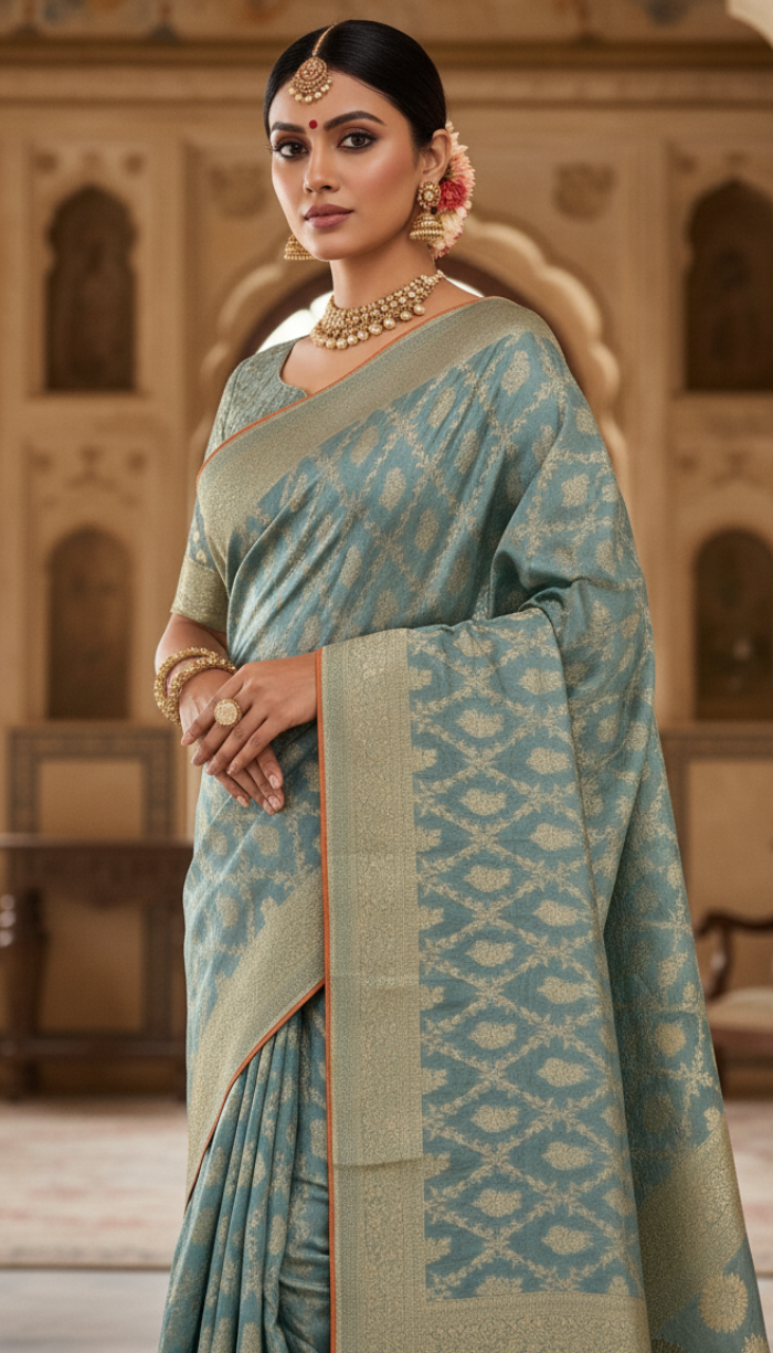 Moonga Crape Sky Blue Saree