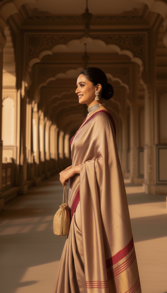 Banarsi Handloom Pure Tissue Silk Satin Maroon Border Saree