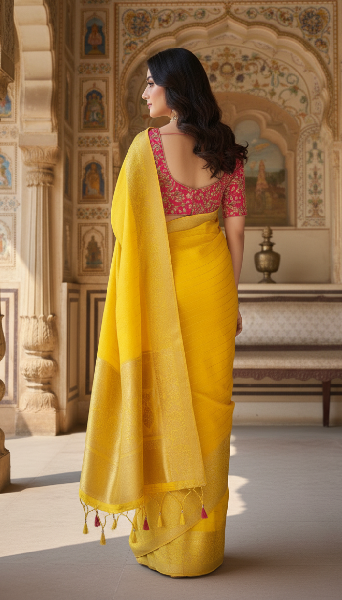 Moonga Tussar Crape Yellow Saree