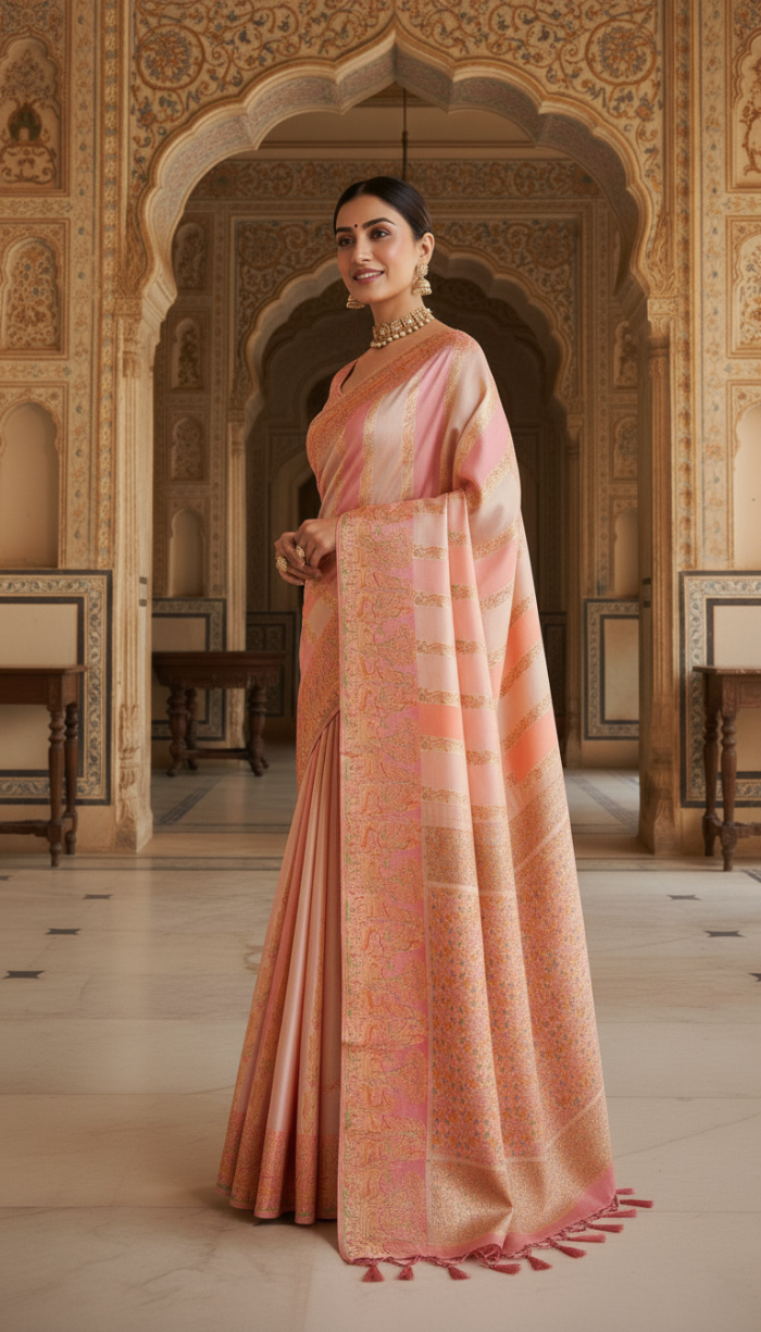 Pure Satin Organza Peach Silk Saree