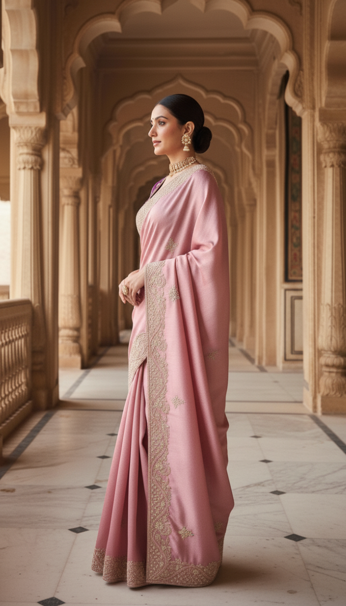 Rose Gold Premium Banarasi Zari Tissue Silk Sari