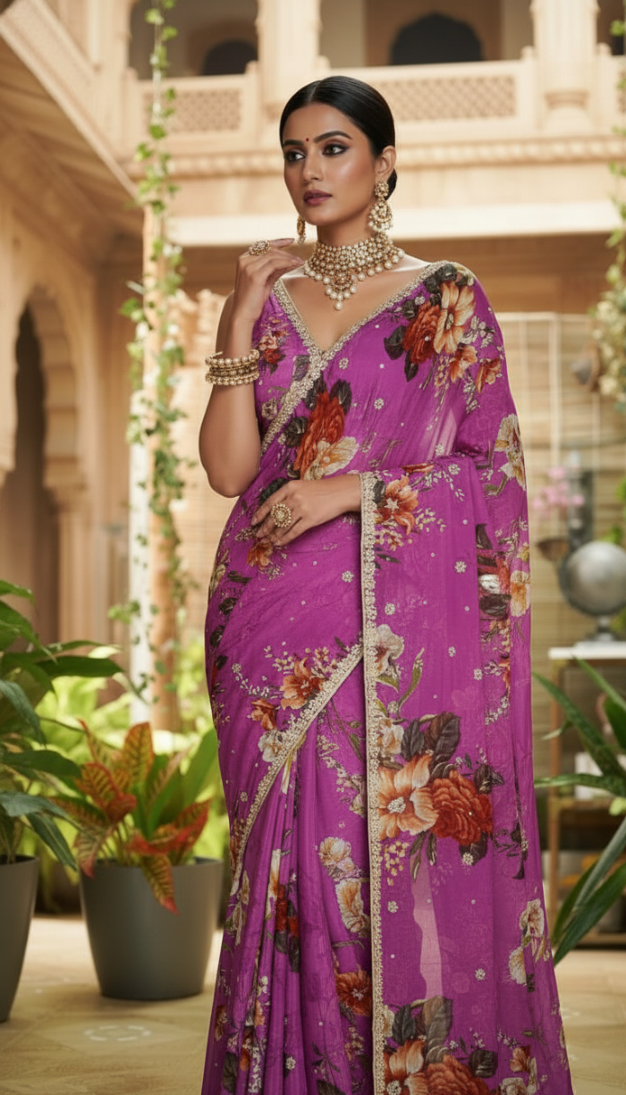 Pure Chinon Crepe Purple Silk saree