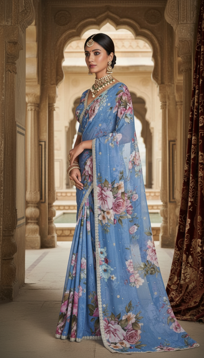 Pure Chinon Crepe Blue Silk Saree