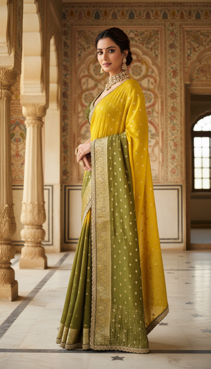 Pure Yellow Chinon Silk Saree