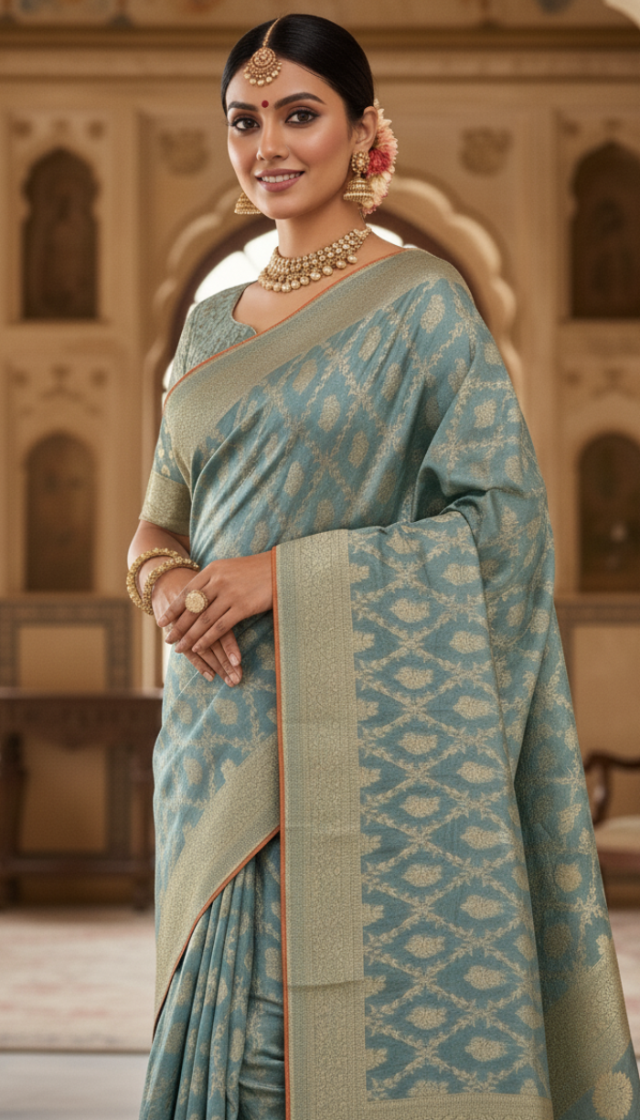 Moonga Crape Sky Blue Saree