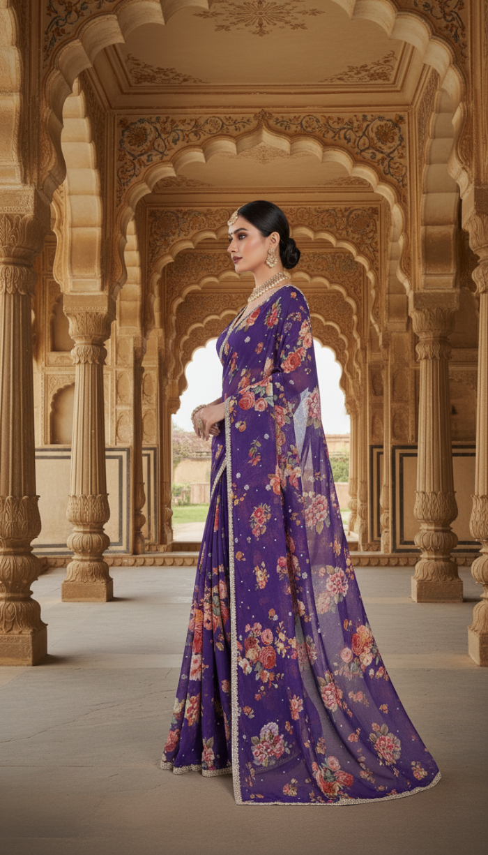 Pure Chinon Crepe Lavender Silk Saree