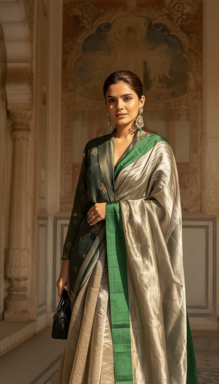 Banarsi Handloom Pure Tissue Silk Satin Green Border Saree