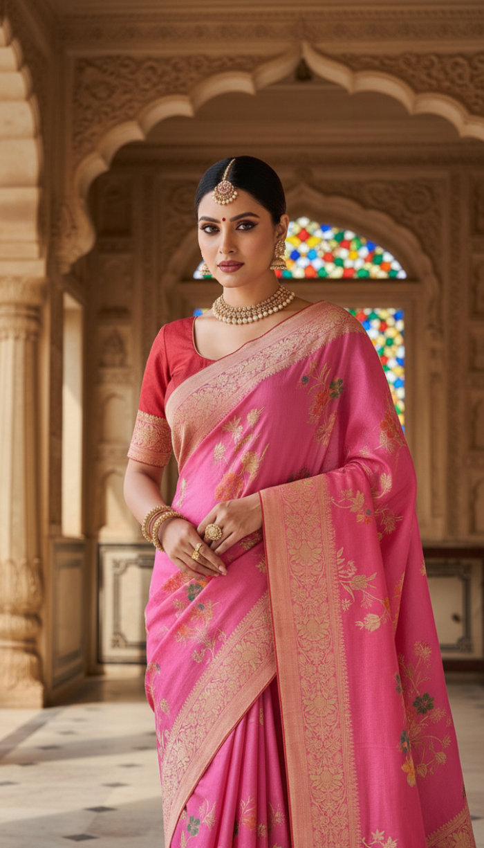 Moonga Crape Saree Pink Meenakari Floral Patterns