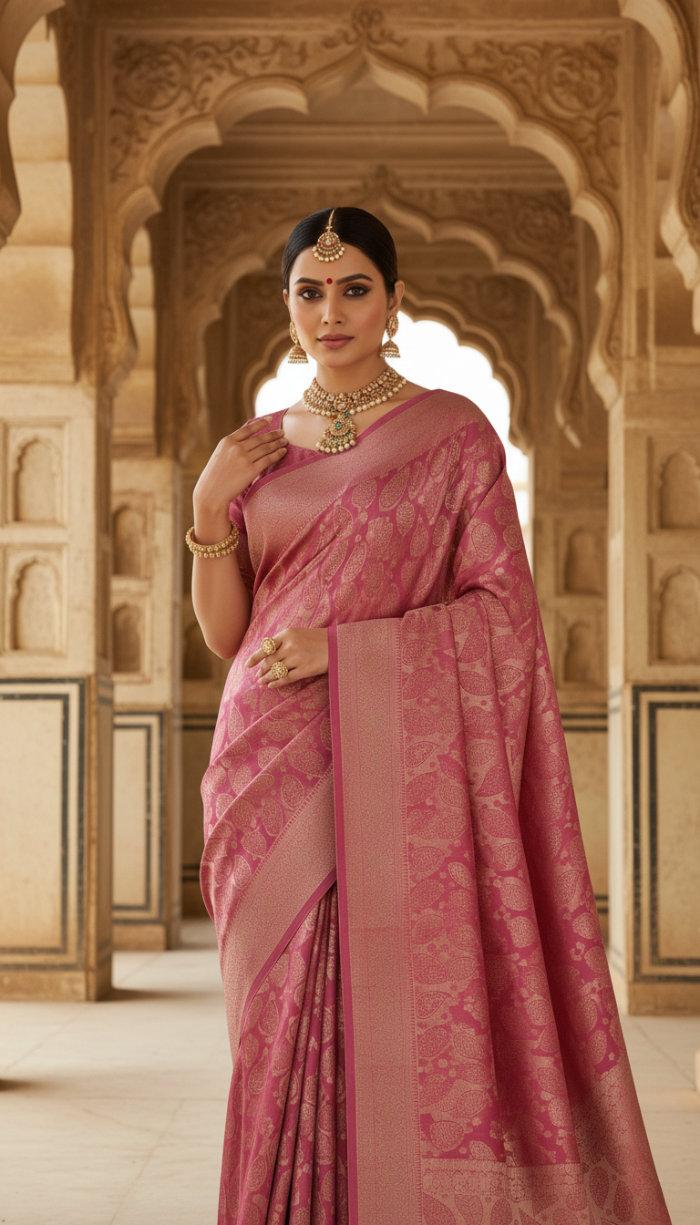 Pure Tissue Silk Saree Blush Pink with Golden Shine