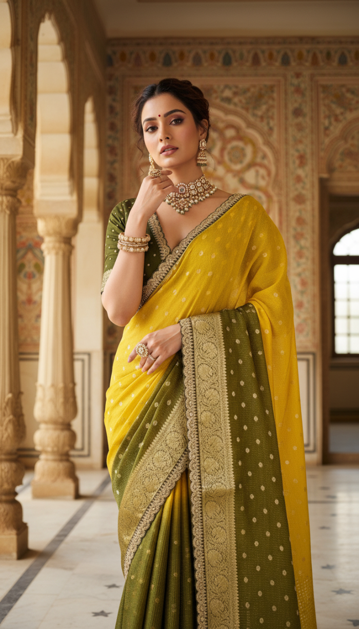 Pure Yellow Chinon Silk Saree