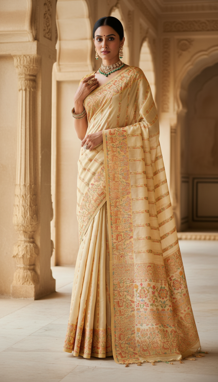 Pure Satin Organza Golden Cream Silk Saree